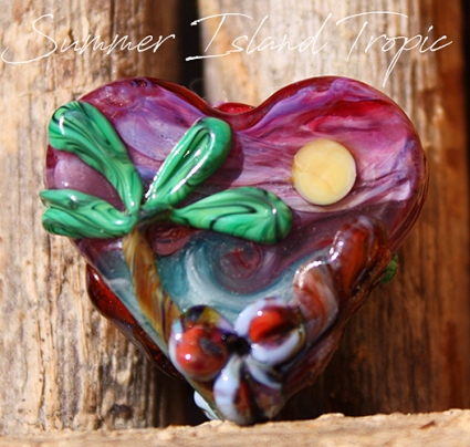 Summer Island Heart Bead Glass Lampwork handmade